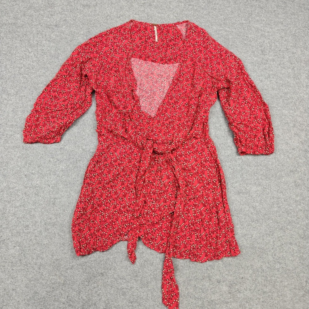 Free People Dress Womens Large Red Floral Wrap Ruffle Mini V Neck Puff Sleeve